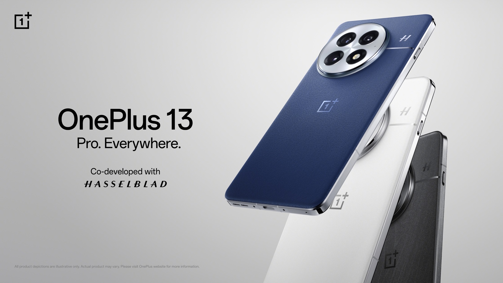 OnePlus 13 hero key visual with campaign typography and Hasselblad product imagery