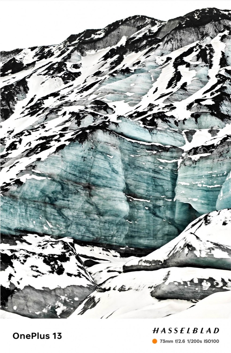 Cold glacier OnePlus camera sample with Hasselblad footer